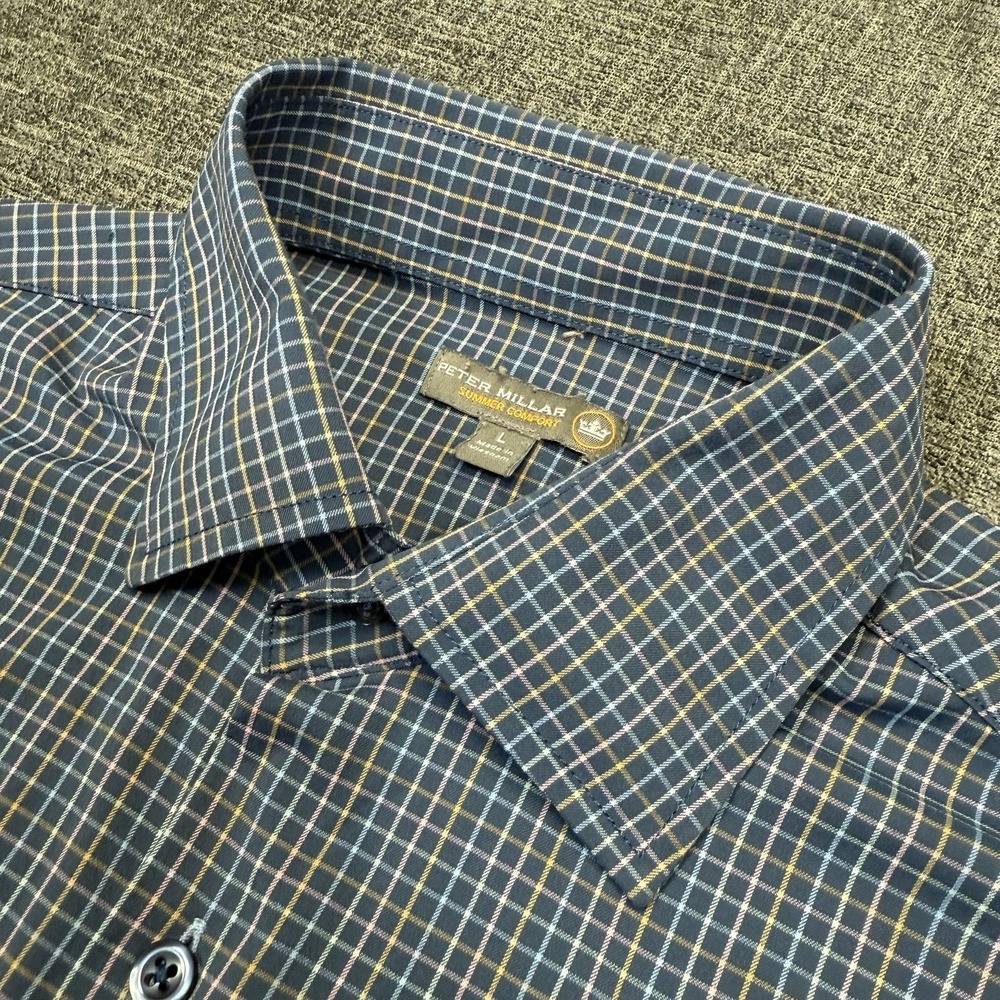 Peter Millar Button Front Shirt Men's Large Blue Plaid Summer Comfort‎ Stretch